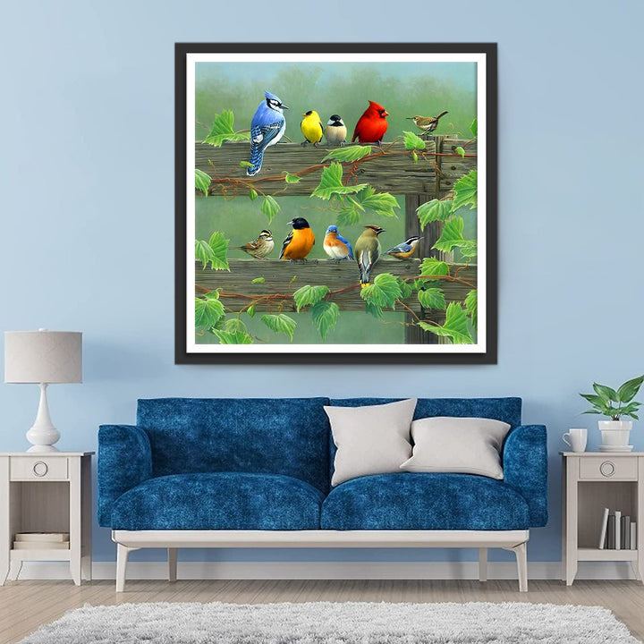 Een Zwerm Vogels op een Hek Diamond Painting
