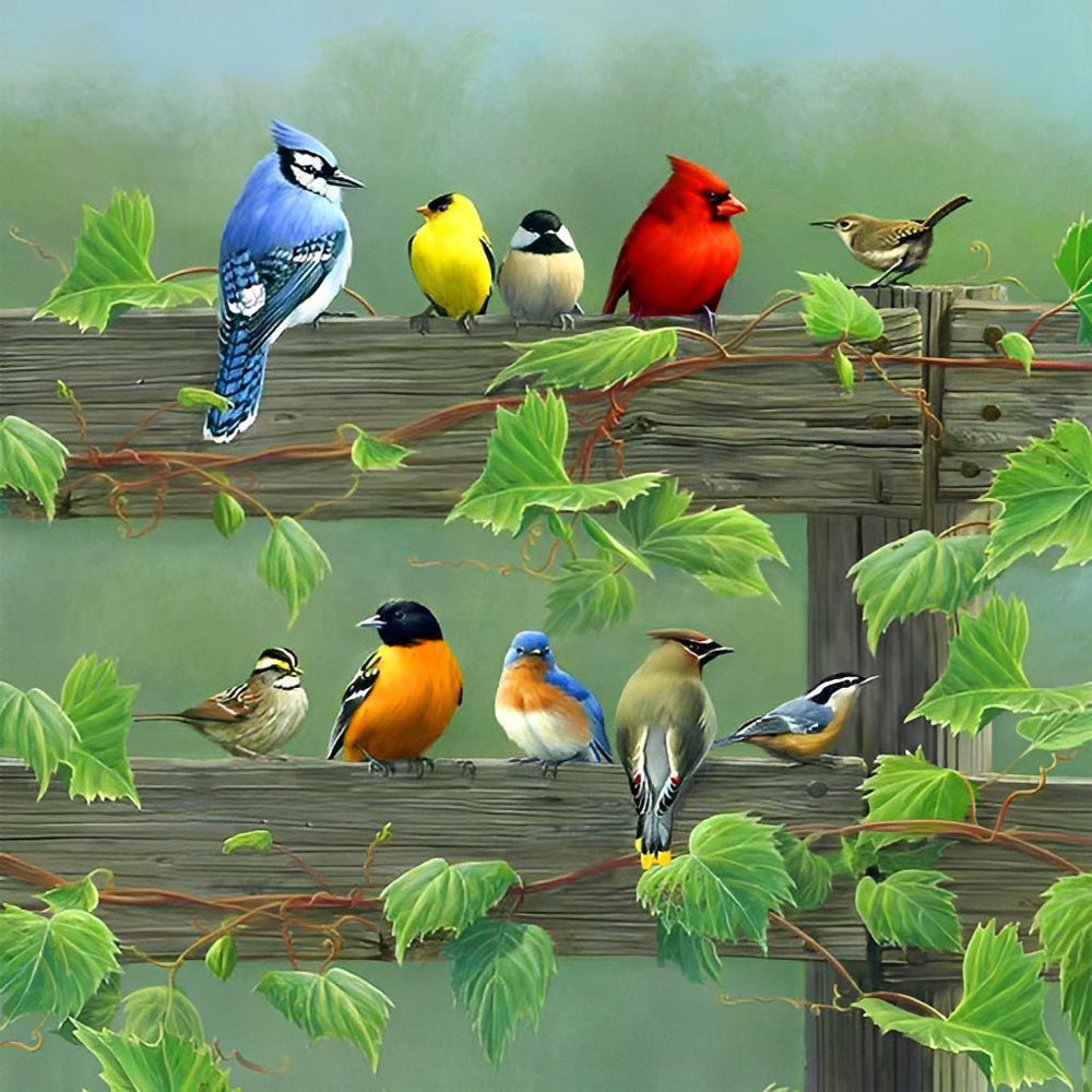 Een Zwerm Vogels op een Hek Diamond Painting