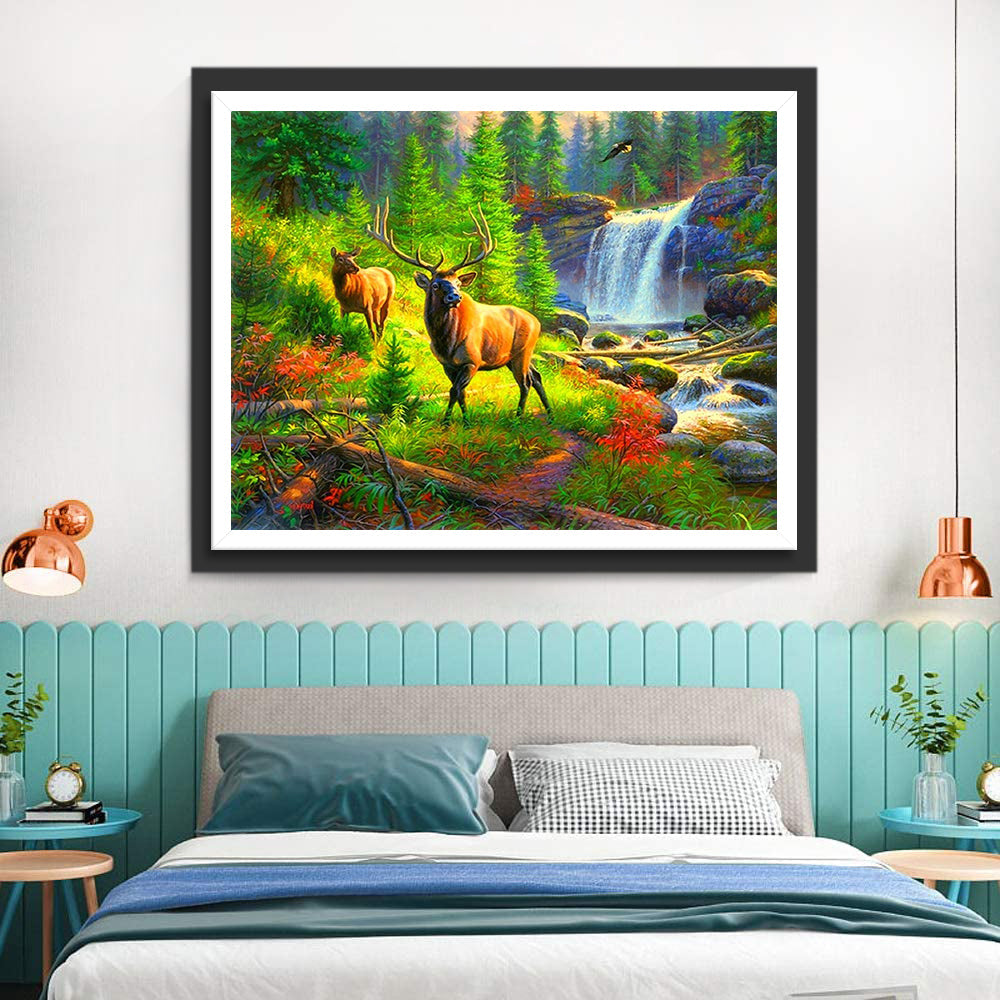 Elanden in het Bos bij de Waterval Diamond Painting