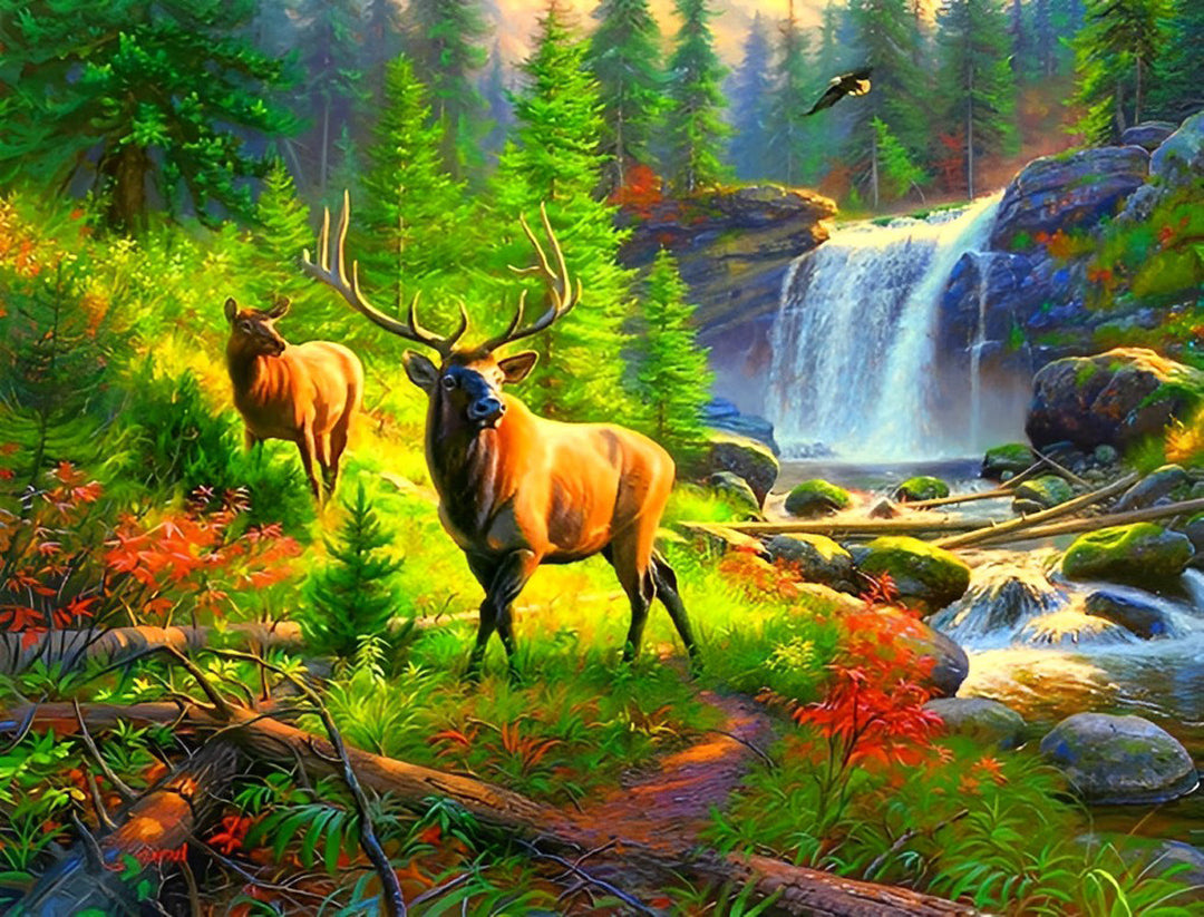 Elanden in het Bos bij de Waterval Diamond Painting