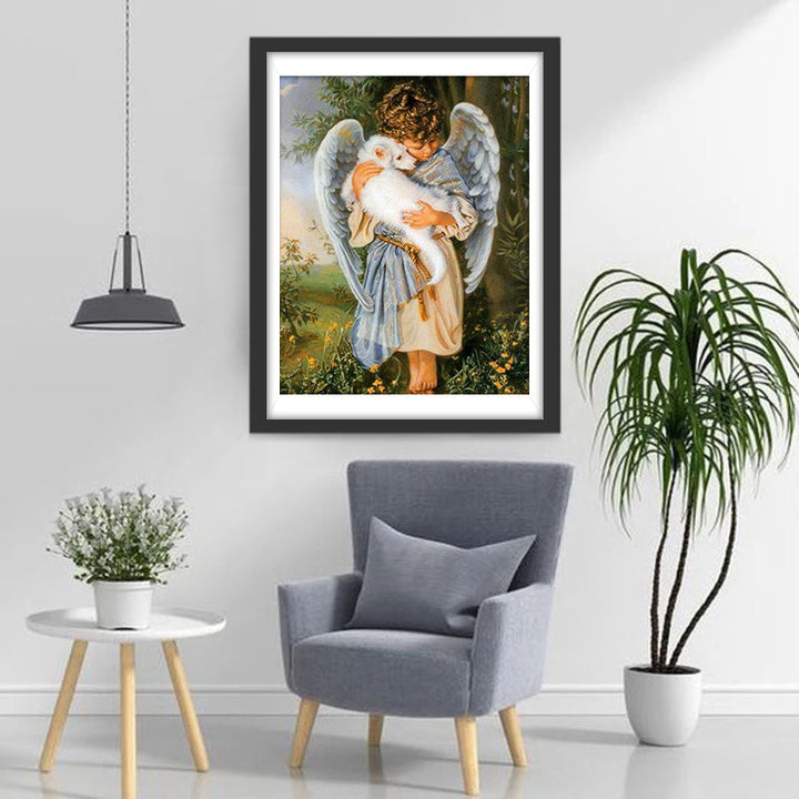 Engelkind met Vleugels en Wit Dier in Knuffel Diamond Painting