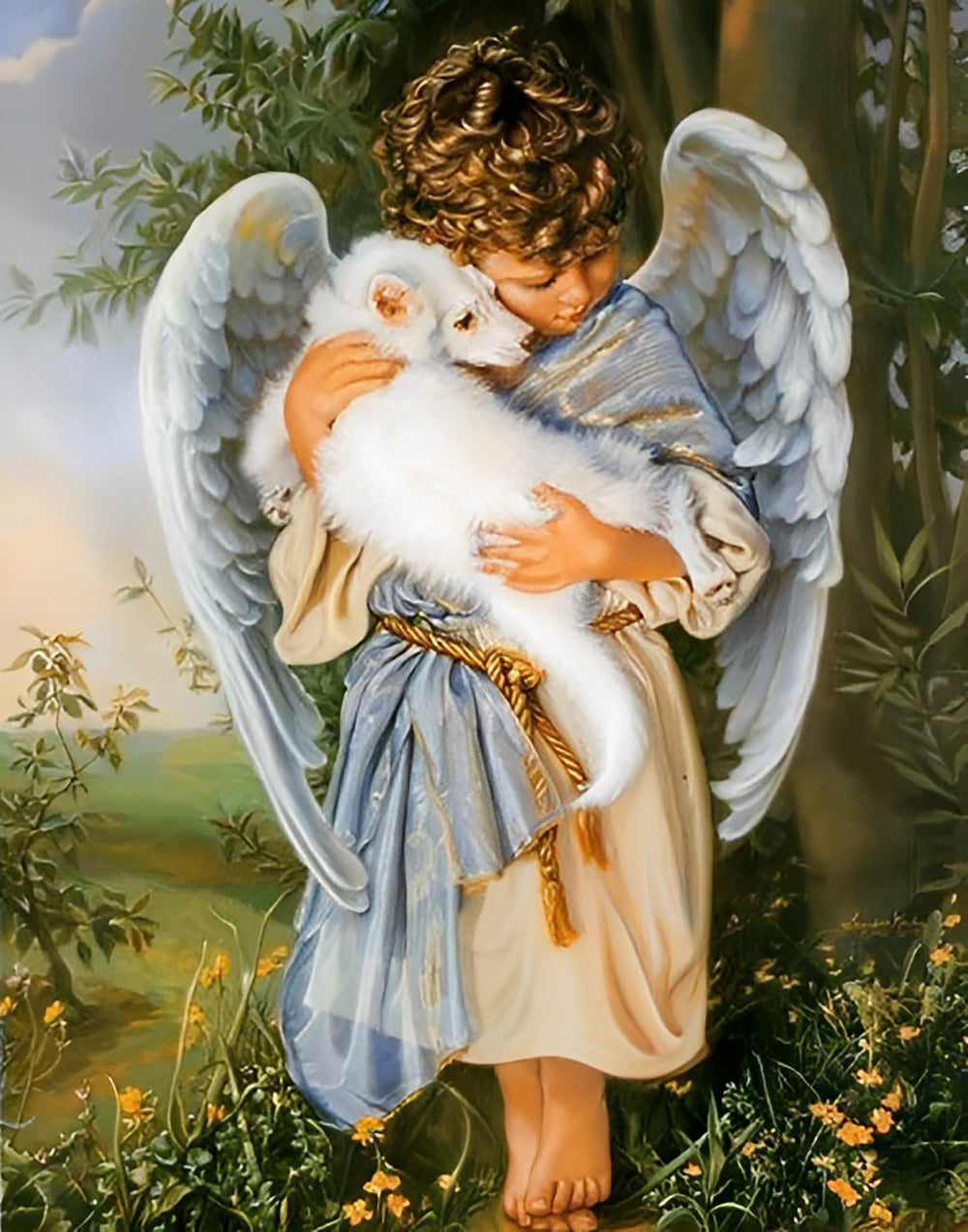 Engelkind met Vleugels en Wit Dier in Knuffel Diamond Painting