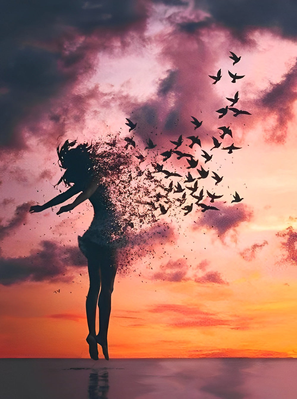Etherisch Verfijnd Silhouet van Vrouw met Vleugende Vogels bij Avondzon Diamond Painting