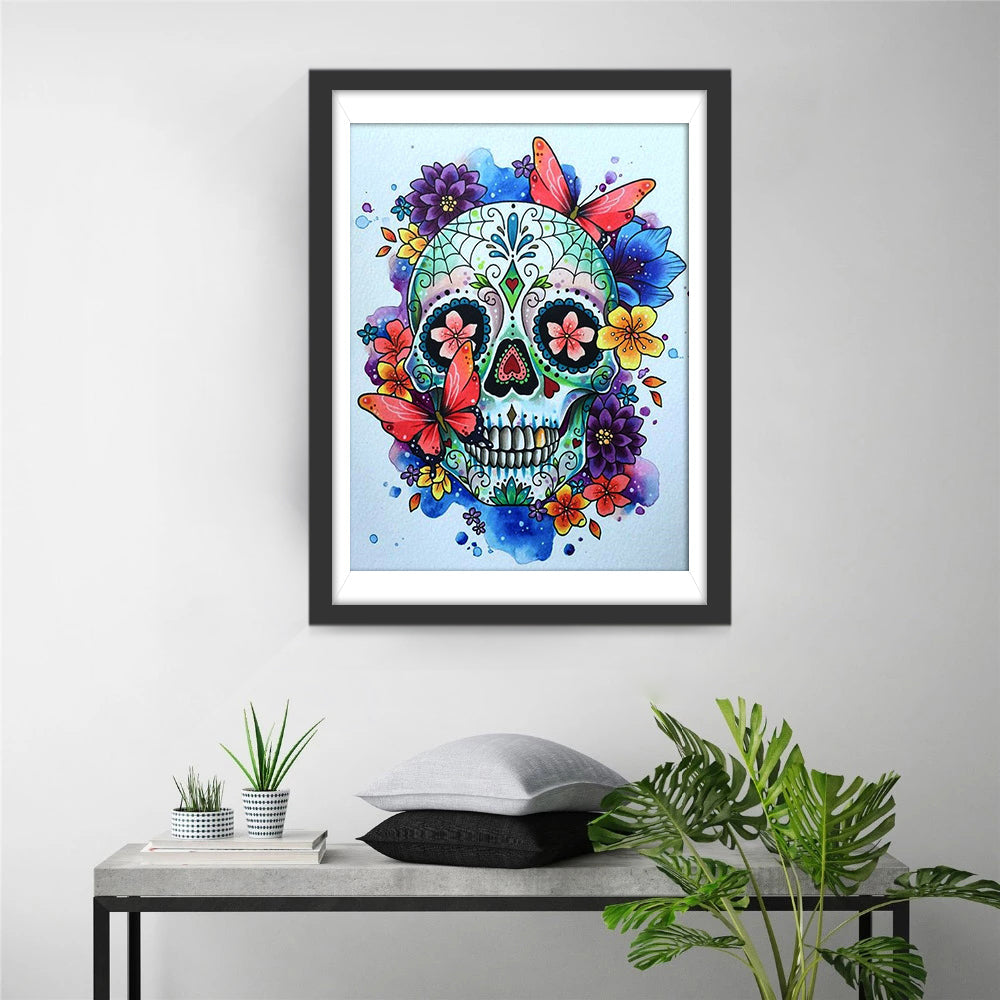 Fantasierijk Schedelbeeld met Bloemen en Vlinders Diamond Painting
