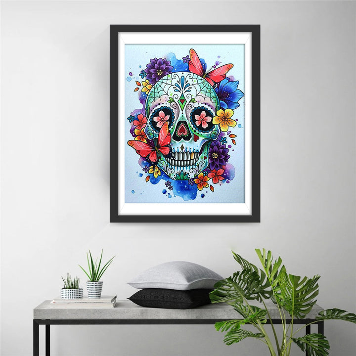 Fantasierijk Schedelbeeld met Bloemen en Vlinders Diamond Painting