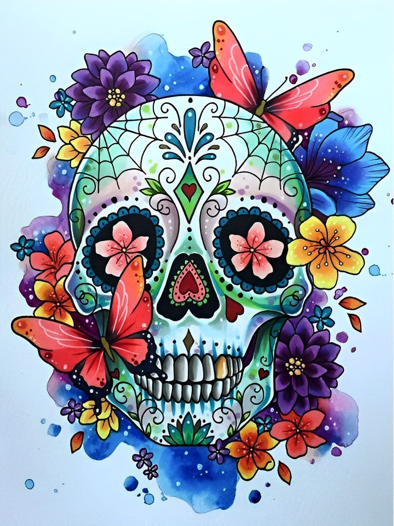 Fantasierijk Schedelbeeld met Bloemen en Vlinders Diamond Painting