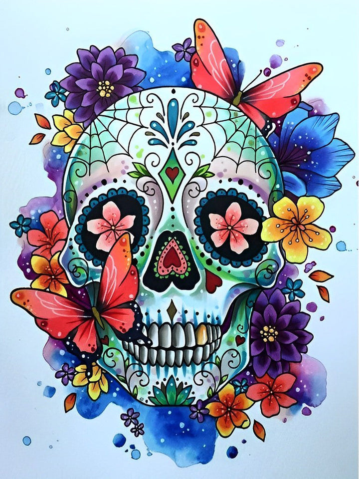 Fantasierijk Schedelbeeld met Bloemen en Vlinders Diamond Painting