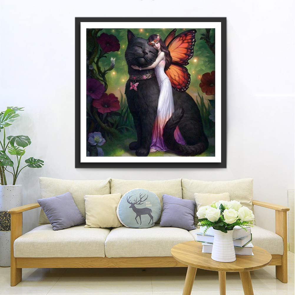 Fee en Zwarte Kat in Magische Bloementuin Diamond Painting
