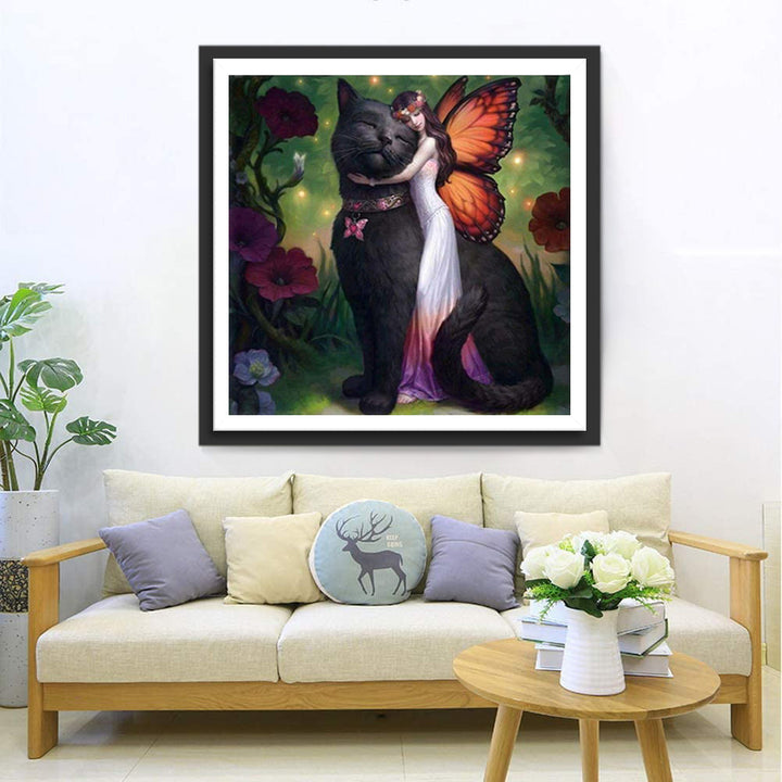 Fee en Zwarte Kat in Magische Bloementuin Diamond Painting