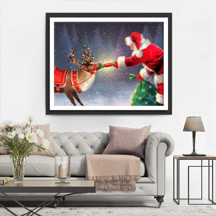 Feestelijke Ontmoeting van Kerstman en Rendier Diamond Painting