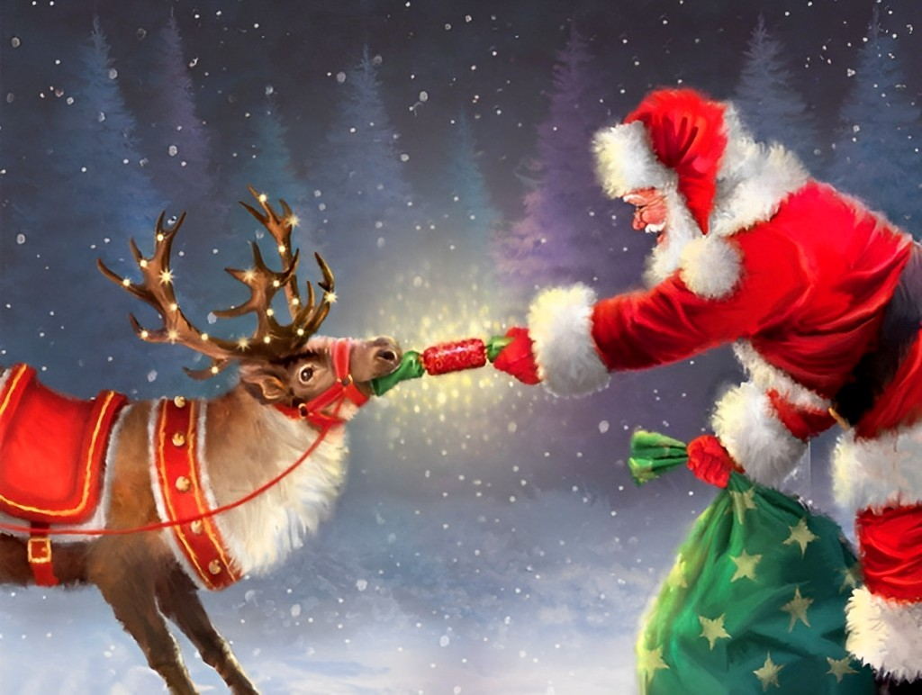 Feestelijke Ontmoeting van Kerstman en Rendier Diamond Painting