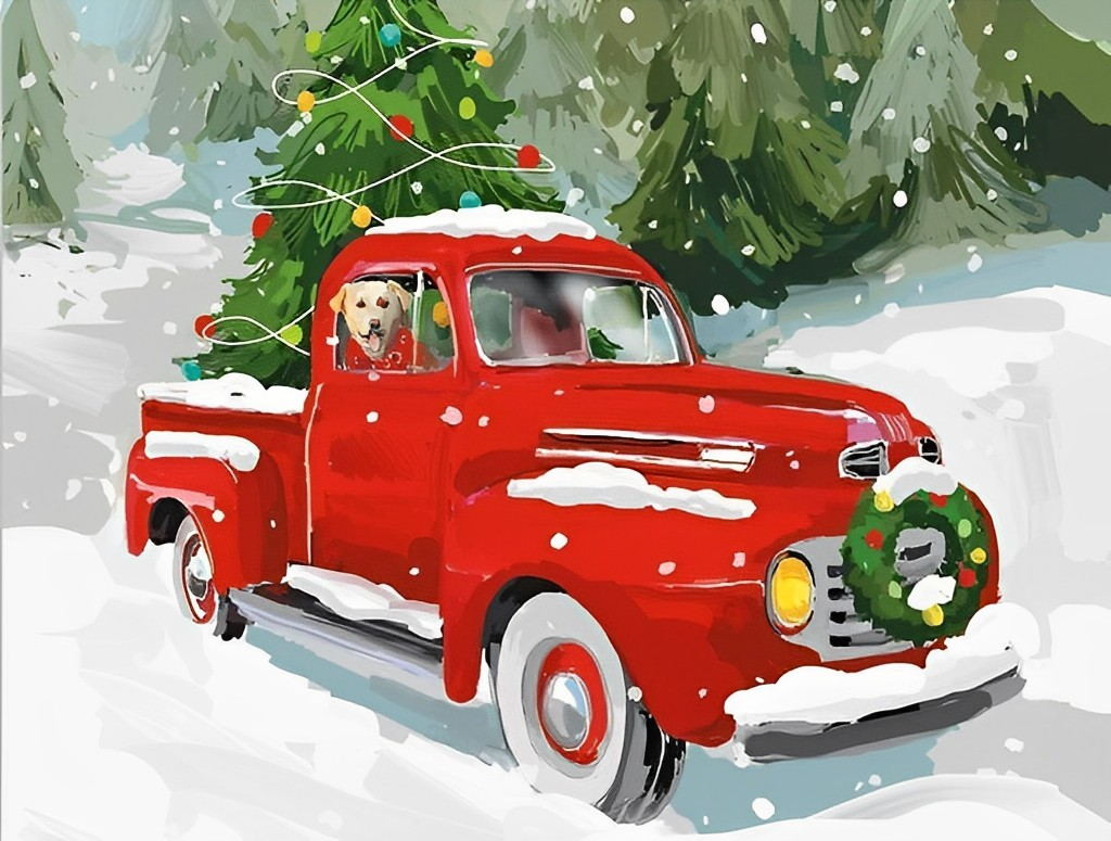 Feestelijke Rode Pick-up met Kerstboom en Hond Diamond Painting