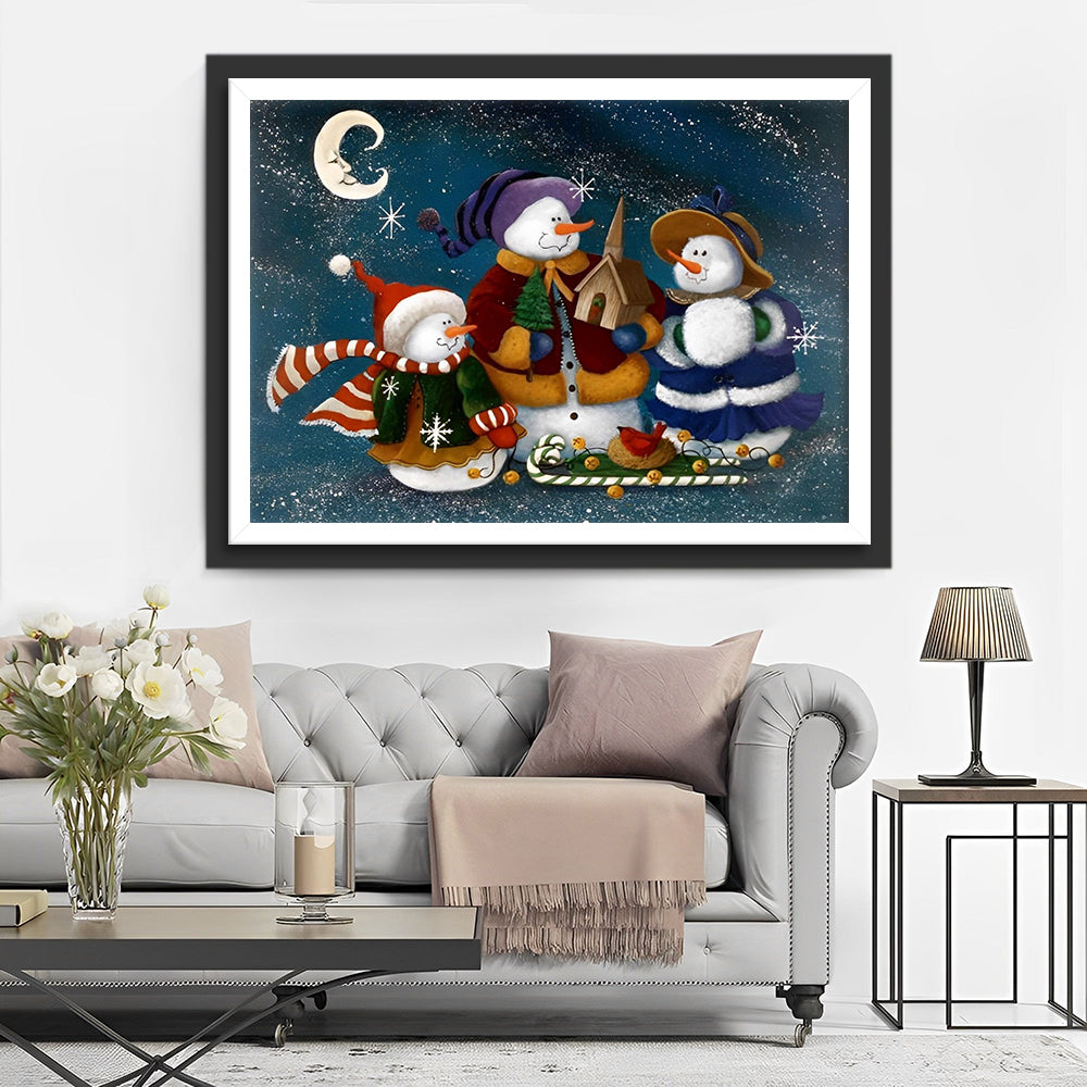 Feestelijke Sneeuwpoppengroep onder de Maan Diamond Painting