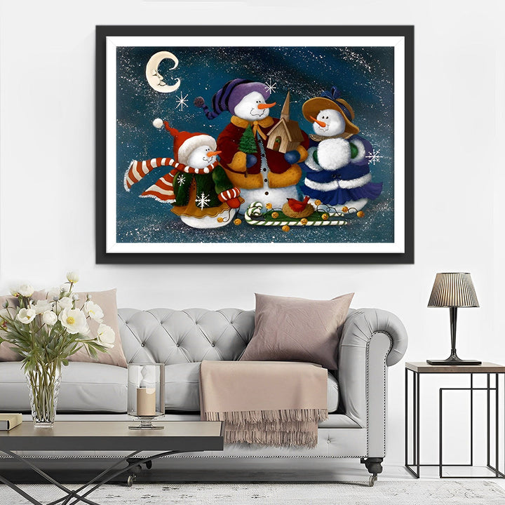 Feestelijke Sneeuwpoppengroep onder de Maan Diamond Painting