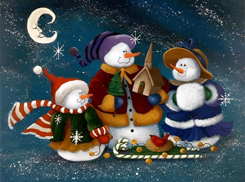 Feestelijke Sneeuwpoppengroep onder de Maan Diamond Painting