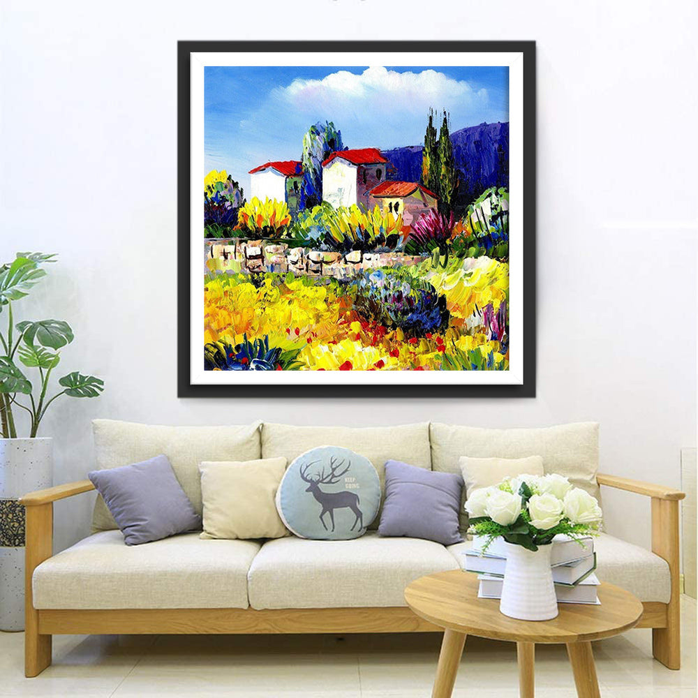 Felle Dorpsscène met Bloemen en Gebouwen Diamond Painting