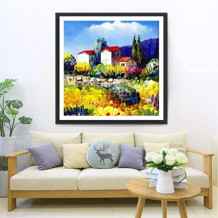 Felle Dorpsscène met Bloemen en Gebouwen Diamond Painting