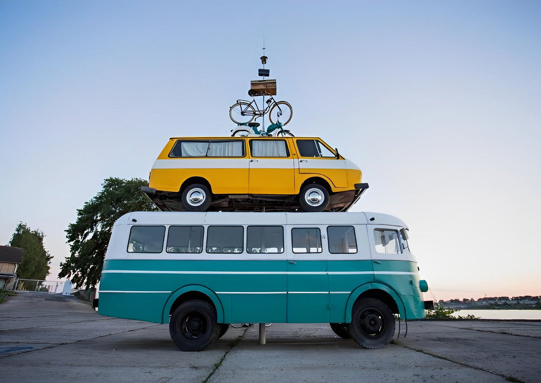 Geel Busje op Groen-Wit Busje met Fiets op Dak Diamond Painting