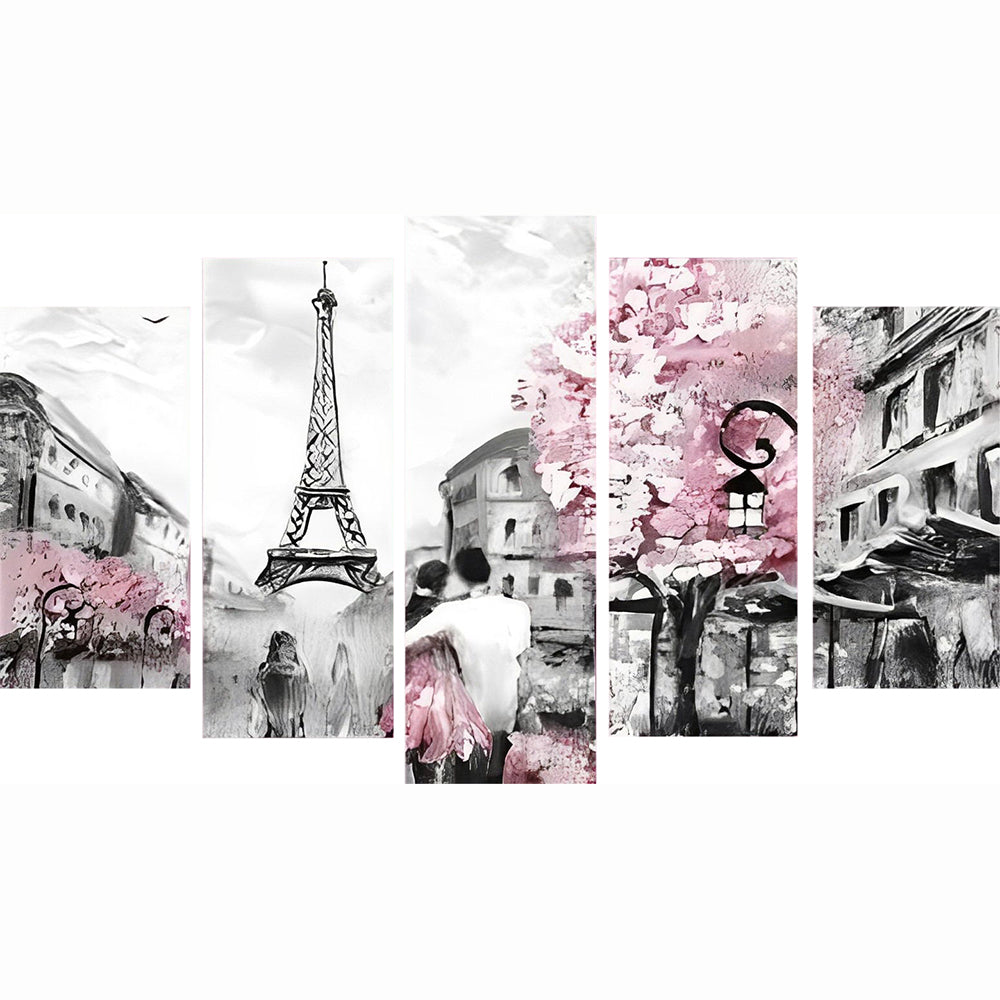 Geïllustreerde Eiffeltoren en Bloesemthema in Panoramastijl 5 Platen Diamond Painting