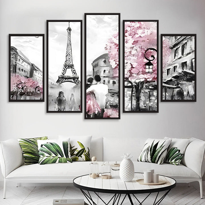 Geïllustreerde Eiffeltoren en Bloesemthema in Panoramastijl 5 Platen Diamond Painting