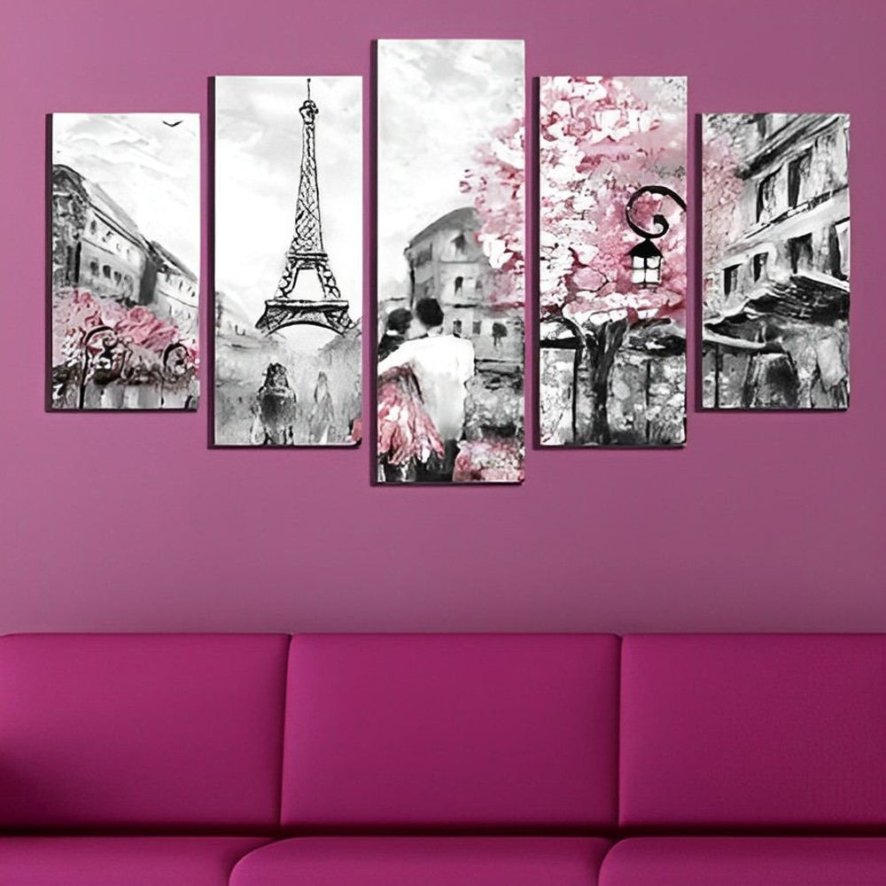 Geïllustreerde Eiffeltoren en Bloesemthema in Panoramastijl 5 Platen Diamond Painting