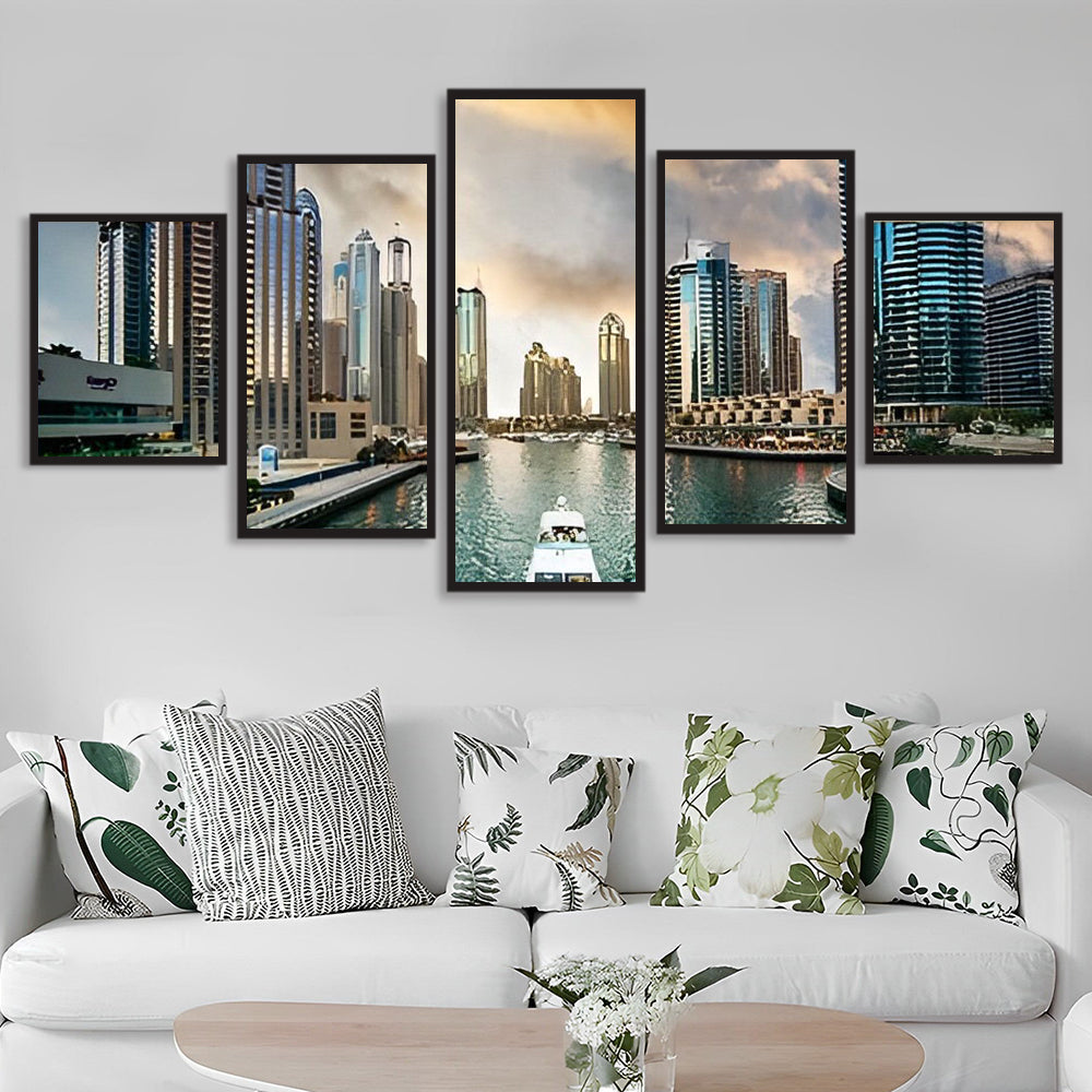 Geïllustreerde Skyline van Dubai met Haven en Torens 5 Platen Diamond Painting