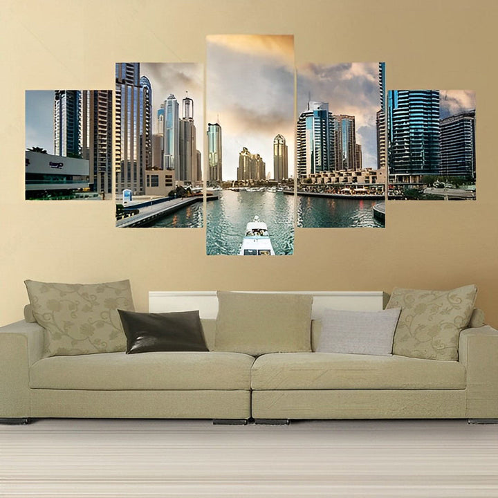 Geïllustreerde Skyline van Dubai met Haven en Torens 5 Platen Diamond Painting