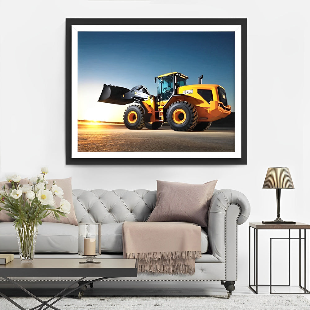 Gele JCB Laadmachine op Open Aanleg bij Schemering Diamond Painting