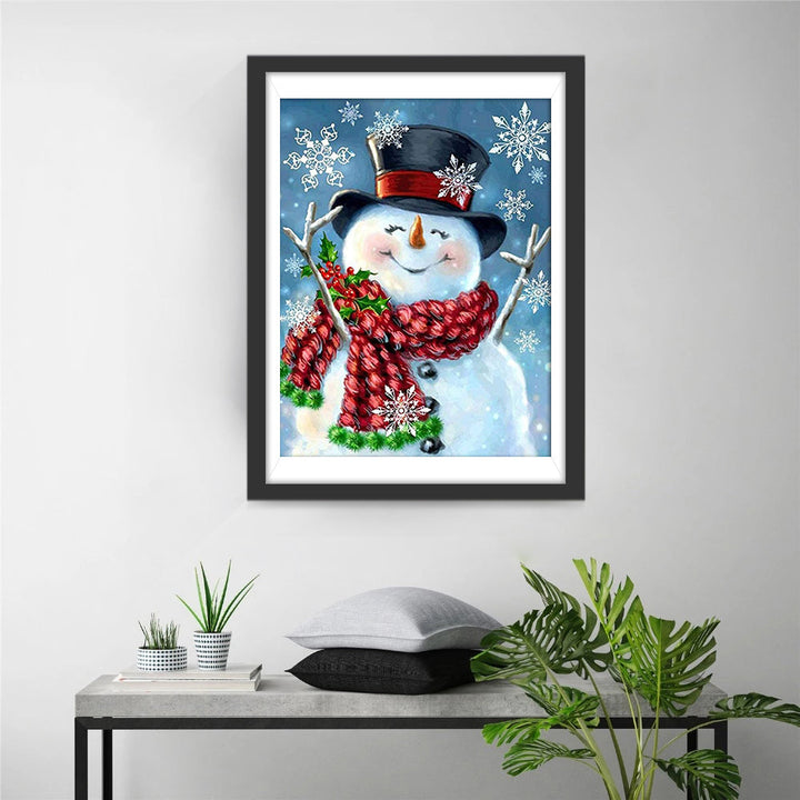 Gezellige Sneeuwpop, Sneeuwvlokken en Kersttak Diamond Painting