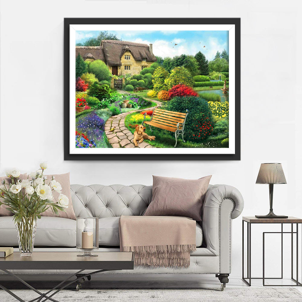 Gezellige Tuinsfeer met Bank en Huis Diamond Painting