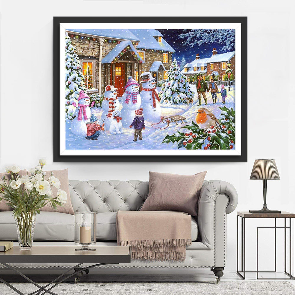 Gezellige Vrolijke Kerstbuurt met Sneeuwpoppengezelschap Diamond Painting
