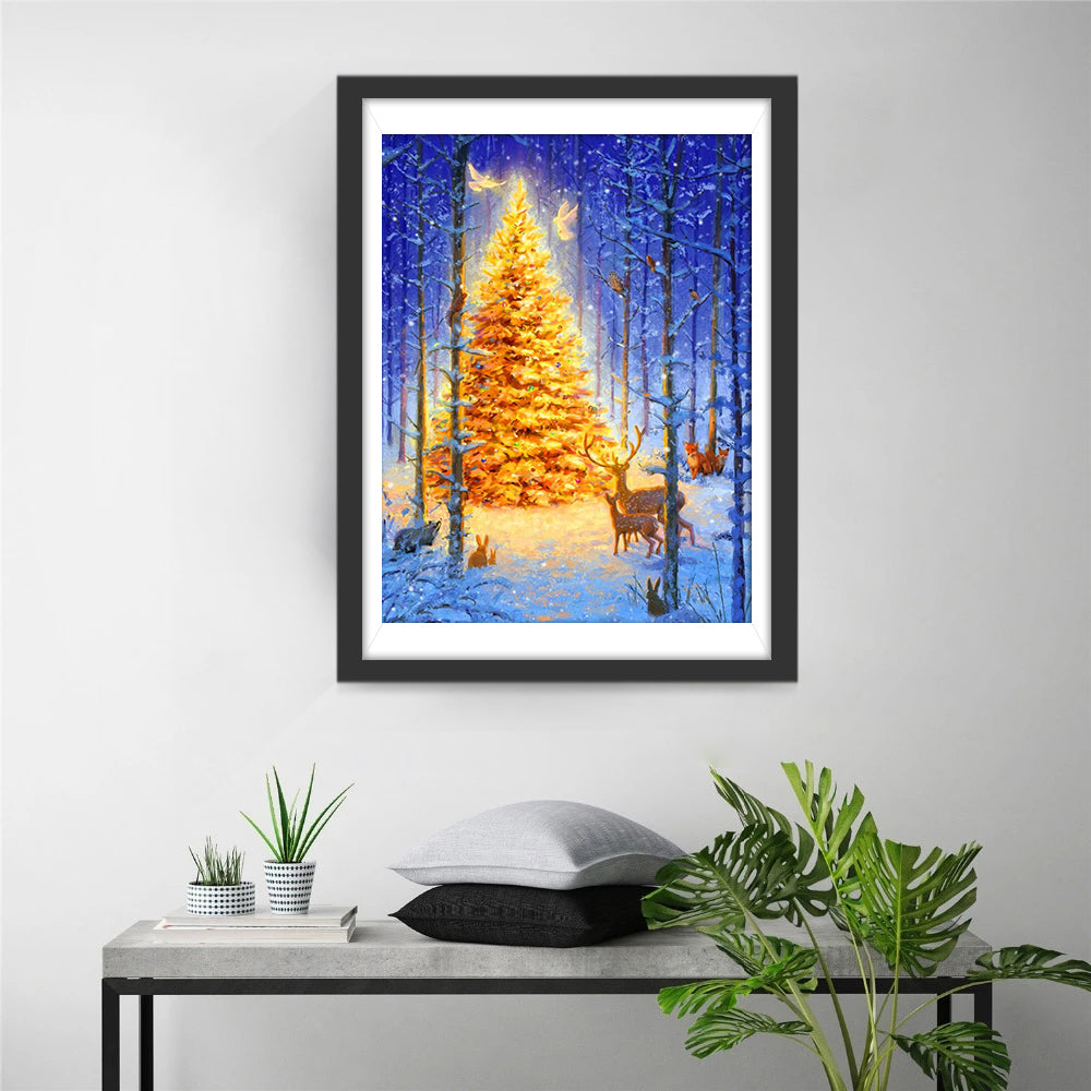 Gouden Kerstboom in Winterbos met Hert Diamond Painting