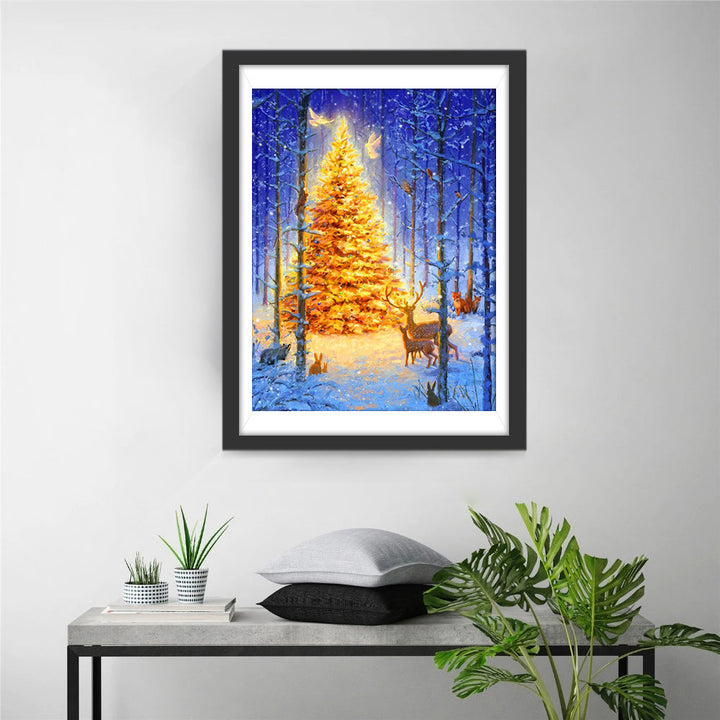 Gouden Kerstboom in Winterbos met Hert Diamond Painting