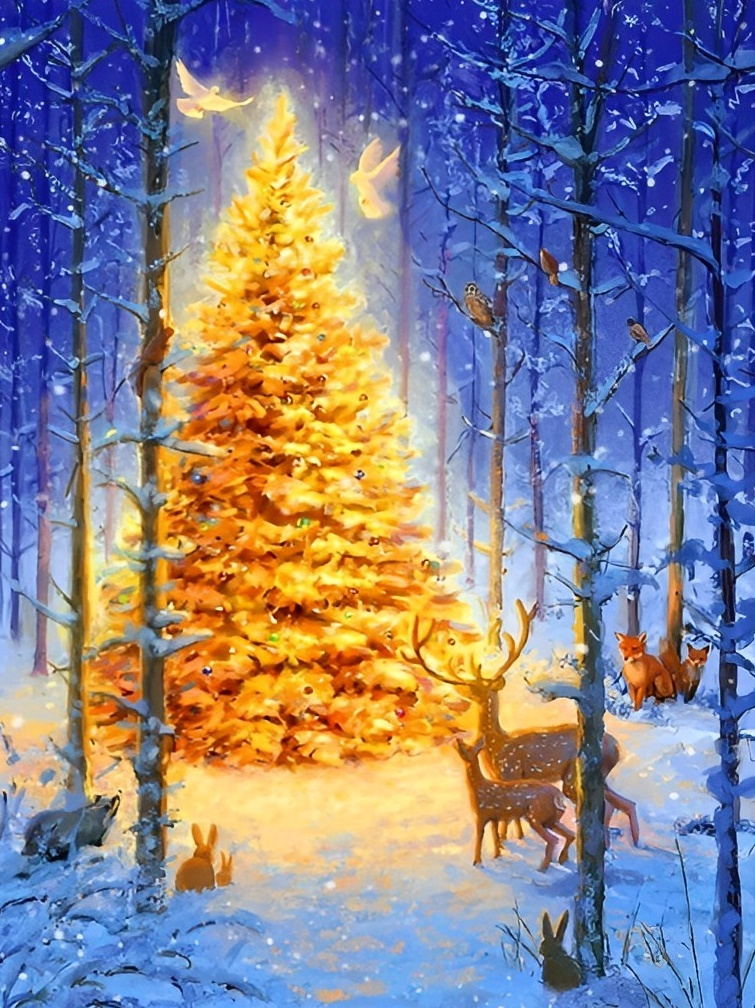 Gouden Kerstboom in Winterbos met Hert Diamond Painting