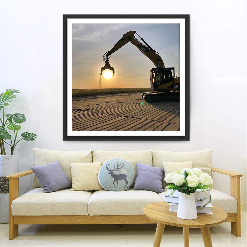 Graafmachine met Grijper Tegen Zonsondergang Diamond Painting