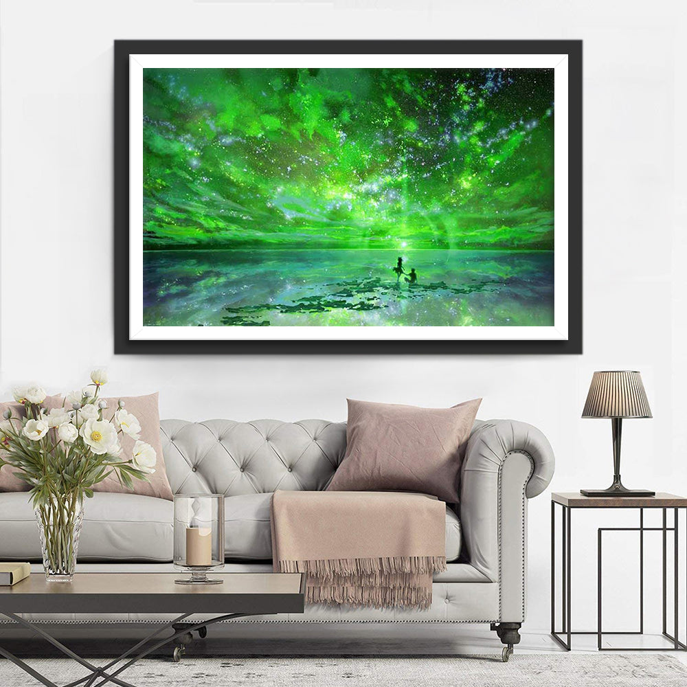 Groen Lichtweelde boven Spiegelend Meer Diamond Painting