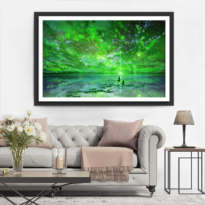 Groen Lichtweelde boven Spiegelend Meer Diamond Painting