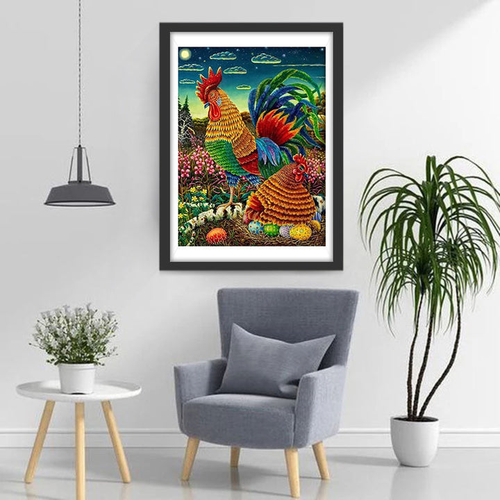 Haan en Hen met Paaseieren in Nachtlandschap Diamond Painting