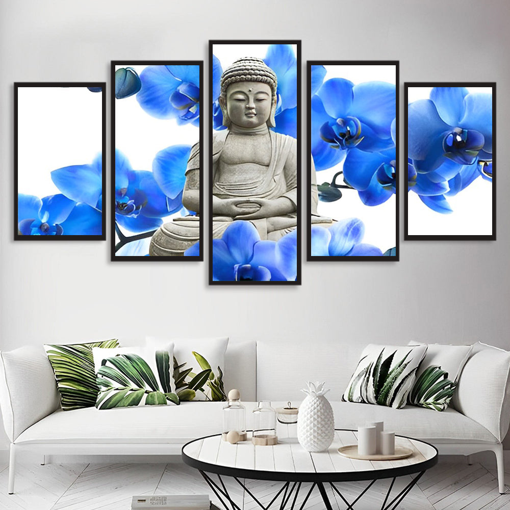 Heilige Boeddha en Prachtige Blauwe Bloemen 5 Platen Diamond Painting