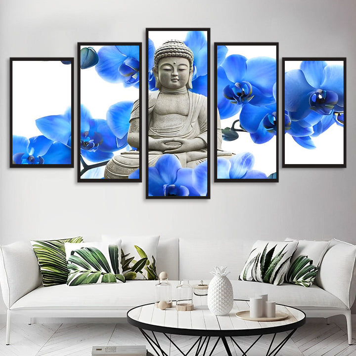 Heilige Boeddha en Prachtige Blauwe Bloemen 5 Platen Diamond Painting