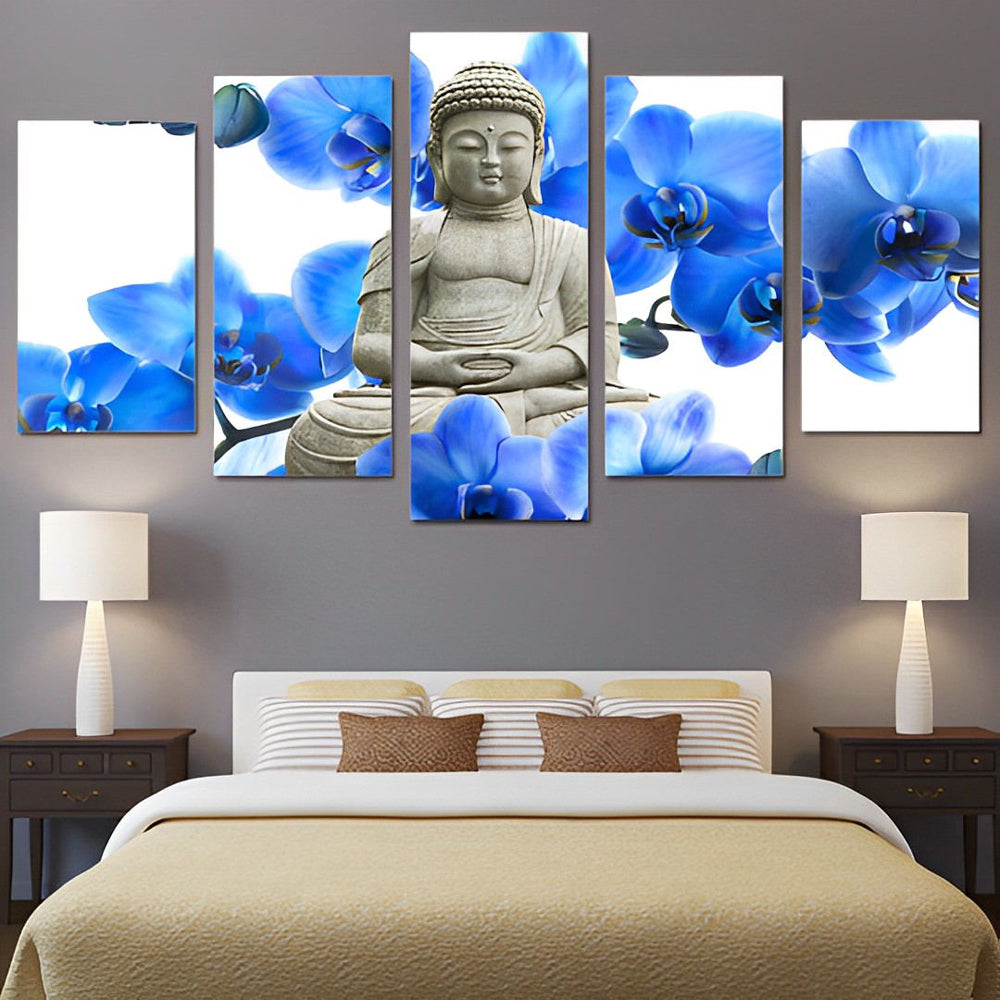 Heilige Boeddha en Prachtige Blauwe Bloemen 5 Platen Diamond Painting