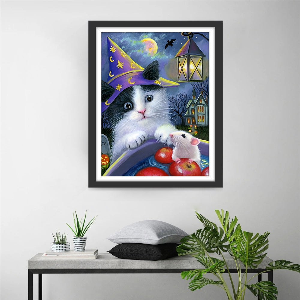 Heksenkat en Muis bij de Halloween-Pompoenen Diamond Painting