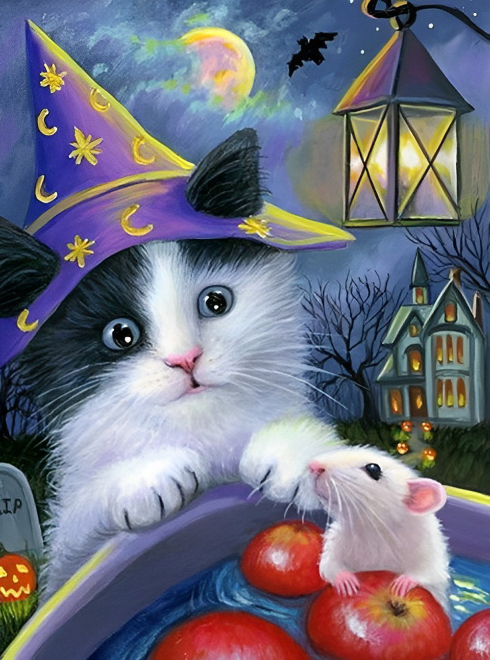Heksenkat en Muis bij de Halloween-Pompoenen Diamond Painting