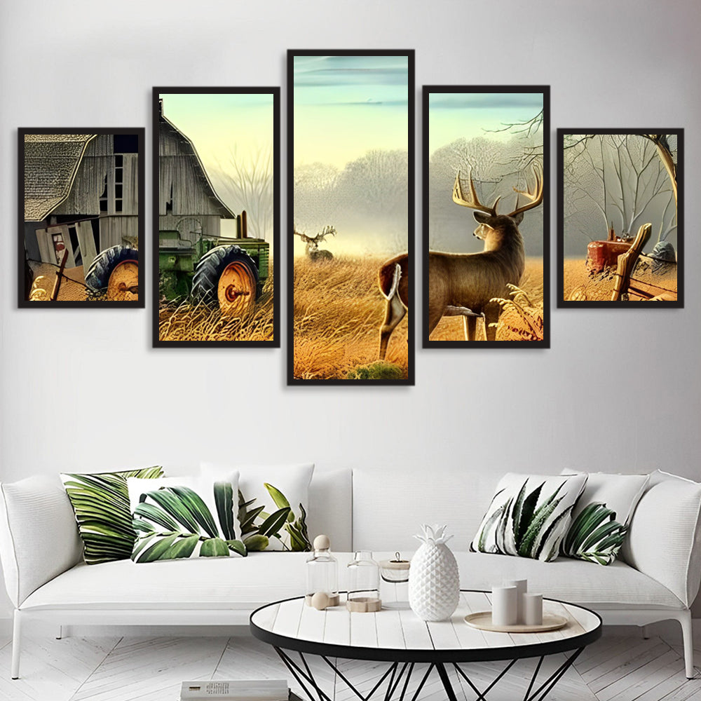 Herten bij de Schuur in Vijf Panelen 5 Platen Diamond Painting