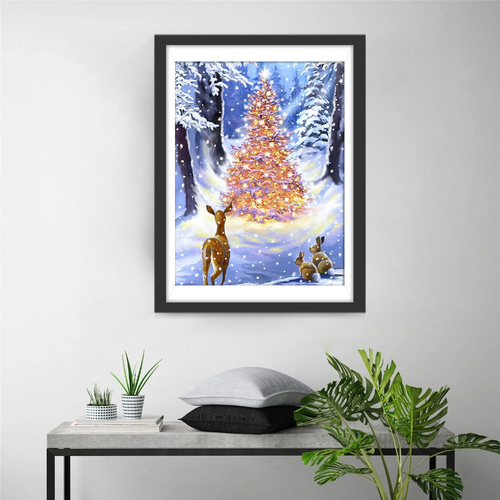 Herten voor een Verlichte Kerstboom in de Sneeuw Diamond Painting
