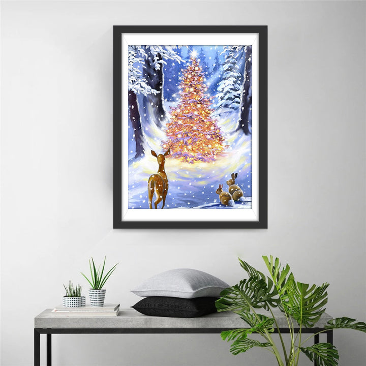 Herten voor een Verlichte Kerstboom in de Sneeuw Diamond Painting
