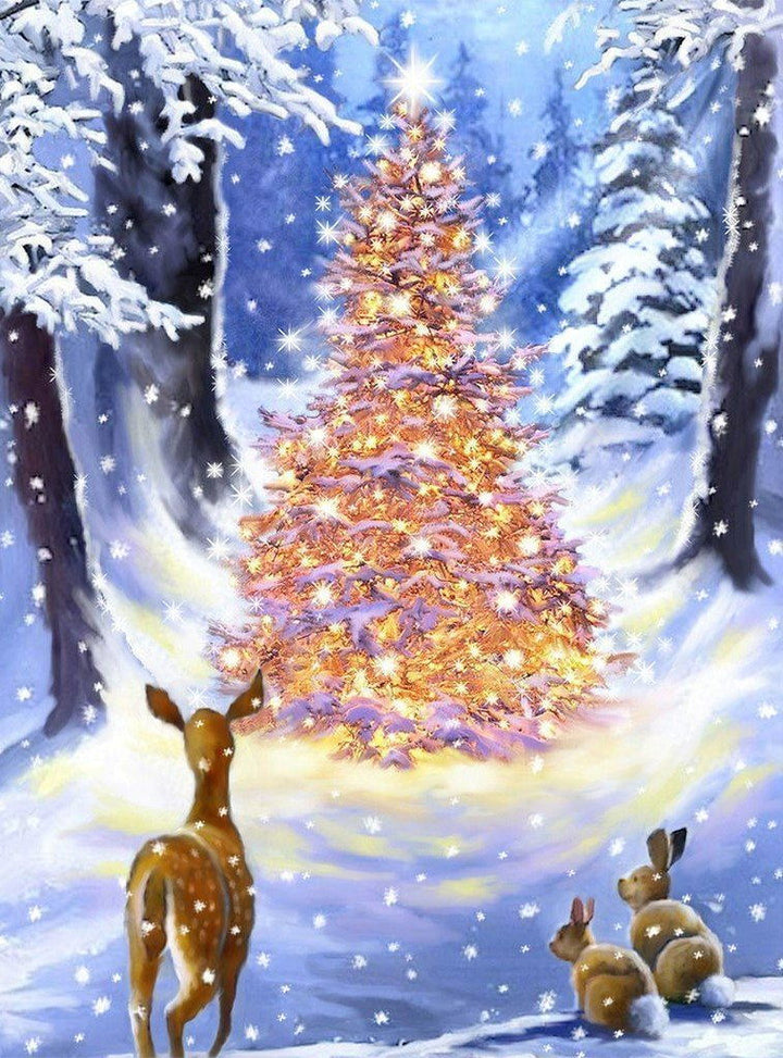 Herten voor een Verlichte Kerstboom in de Sneeuw Diamond Painting