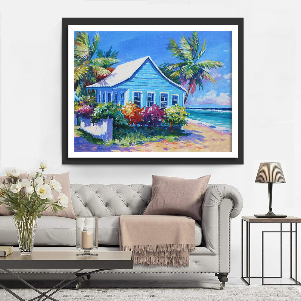 Het Charmante Blauwe Huisje in Tropisch Paradijs Diamond Painting