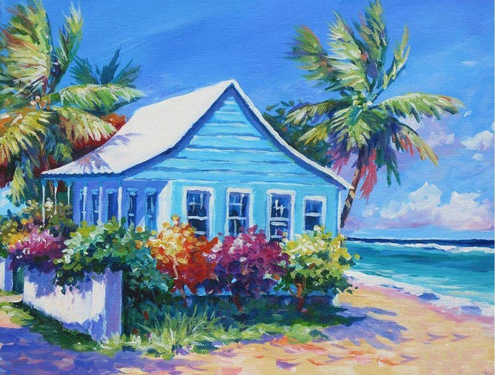 Het Charmante Blauwe Huisje in Tropisch Paradijs Diamond Painting