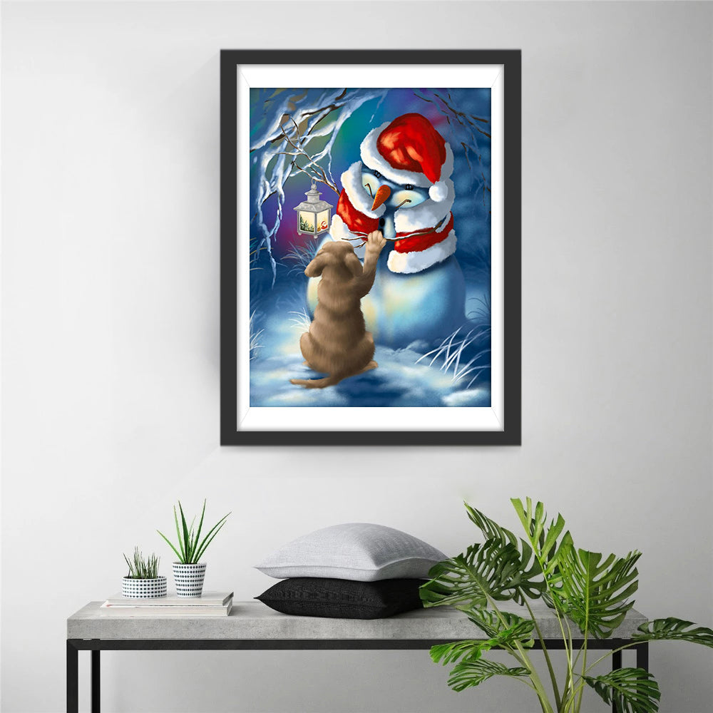 Het Hondje en de Sneeuwpop in de Stille Winternacht Diamond Painting